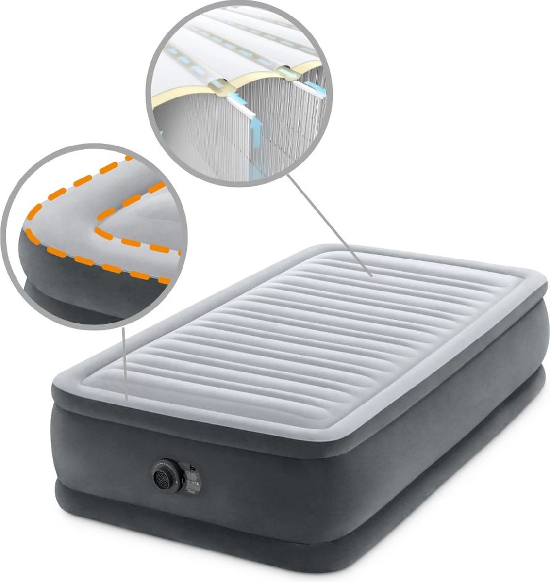 Intex Luchtbed - 1-Persoons - 99 X 191 X 46 Cm - Grijs - Met Ingebouwde Pomp, Hoeslaken Antraciet En Reparatieset 8 Intex Luchtbed - 1-Persoons - 99 X 191 X 46 Cm - Grijs - Met Ingebouwde Pomp, Hoeslaken Antraciet En Reparatieset - Afbeelding 8