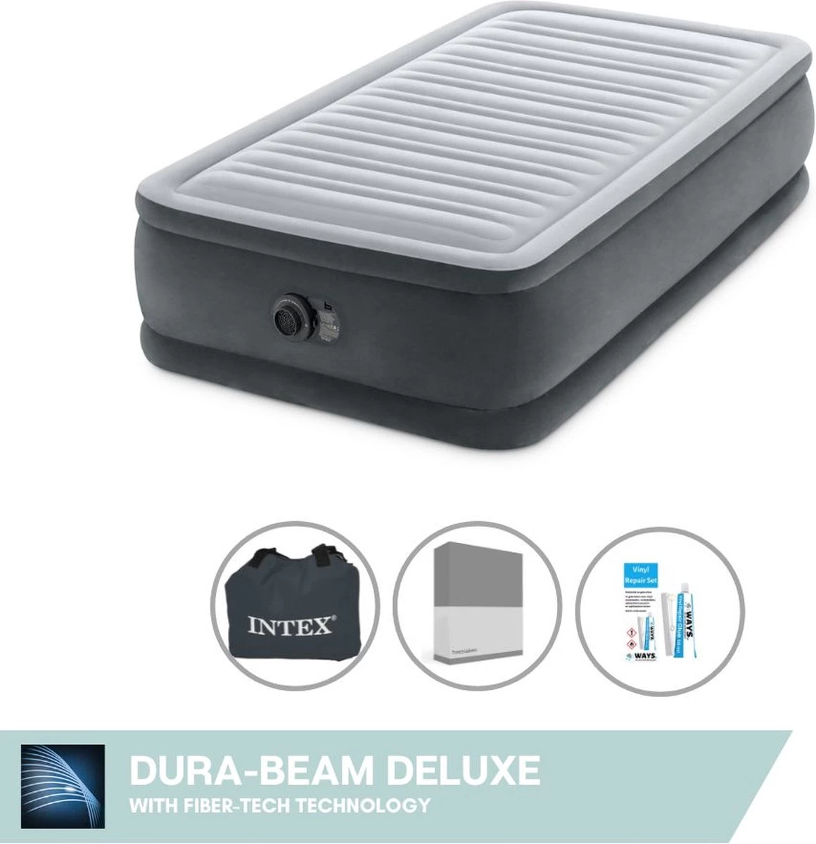 Intex Luchtbed - 1-Persoons - 99 X 191 X 46 Cm - Grijs - Met Ingebouwde Pomp, Hoeslaken Antraciet En Reparatieset 1 Intex Luchtbed - 1-Persoons - 99 X 191 X 46 Cm - Grijs - Met Ingebouwde Pomp, Hoeslaken Antraciet En Reparatieset