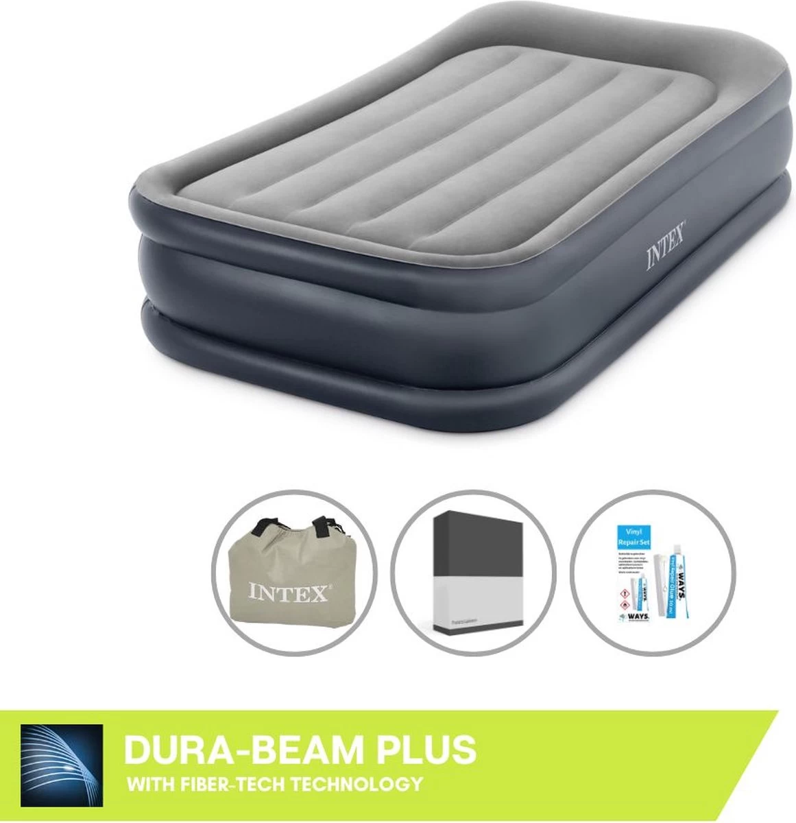 Intex Luchtbed - 1-Persoons - 99 X 191 X 42 Cm - Grijs - Met Pomp, Hoeslaken Zwart En Reparatieset 1 Intex Luchtbed - 1-Persoons - 99 X 191 X 42 Cm - Grijs - Met Pomp, Hoeslaken Zwart En Reparatieset