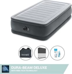 Intex Luchtbed - 1-Persoons - 99 X 191 X 46 Cm - Grijs - Met Ingebouwde Pomp, Hoeslaken Zwart En Reparatieset