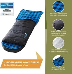 Skandika Dundee Flannel-L Slaapzak – Mummmieslaapzakken – Slaapzakken Volwassen - Maat M – Unisex - Katoen, Luxe Kwaliteit, Dubbele Slaapzak, 3 Seizoenen, Tot -20°C - 220 X 80 Cm - Outdoor Kampeerslaapzak – Ritssluiting Links - Zwart/blauw -Campingwinkel 1168x1200