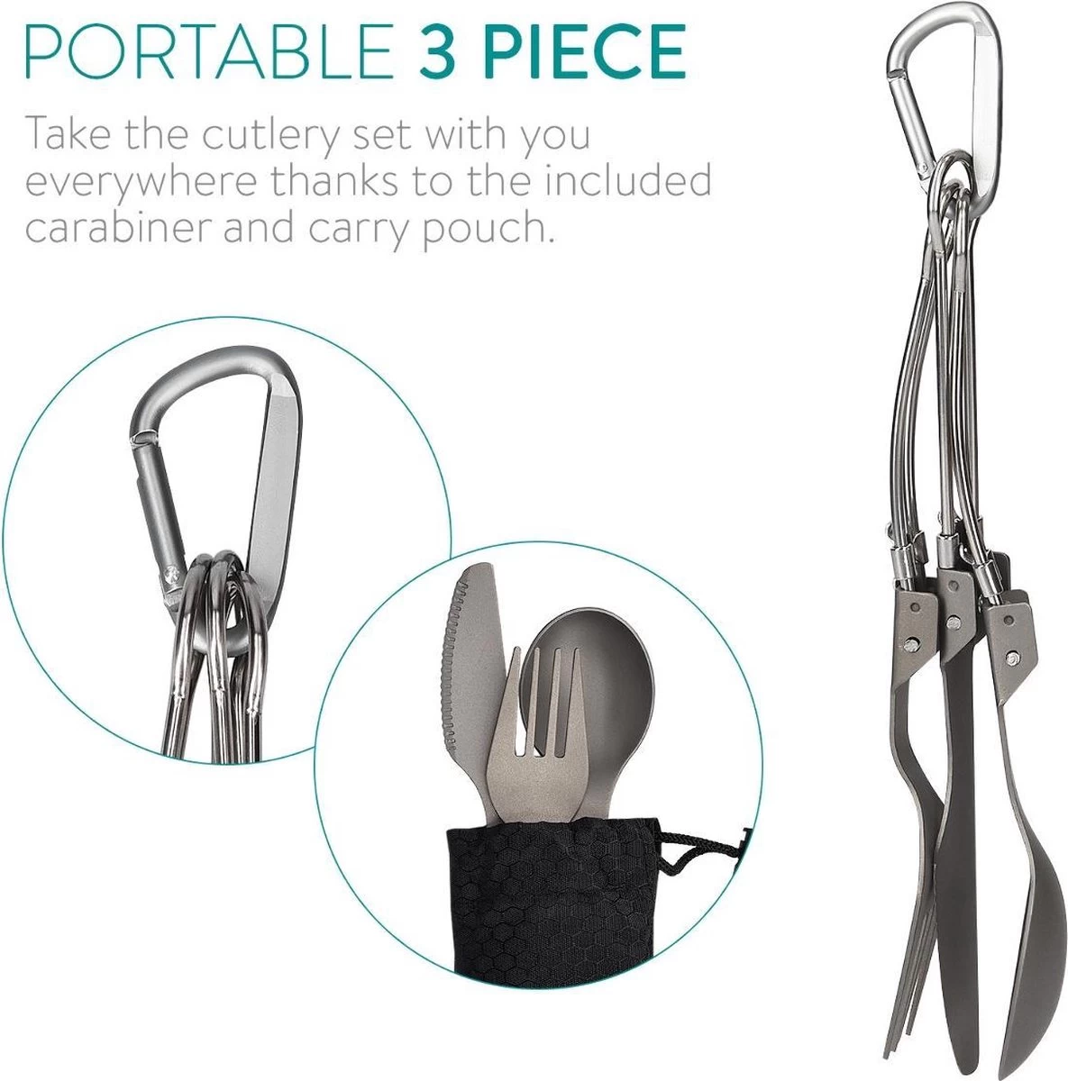 Navaris Campingbestek Van Titanium - Set Met Vork, Mes En Lepel - Inklapbaar - Bestekset Voor Onderweg - Inclusief Karabijnhaak En Bewaarzakje 5 Navaris Campingbestek Van Titanium - Set Met Vork, Mes En Lepel - Inklapbaar - Bestekset Voor Onderweg - Inclusief Karabijnhaak En Bewaarzakje - Afbeelding 5