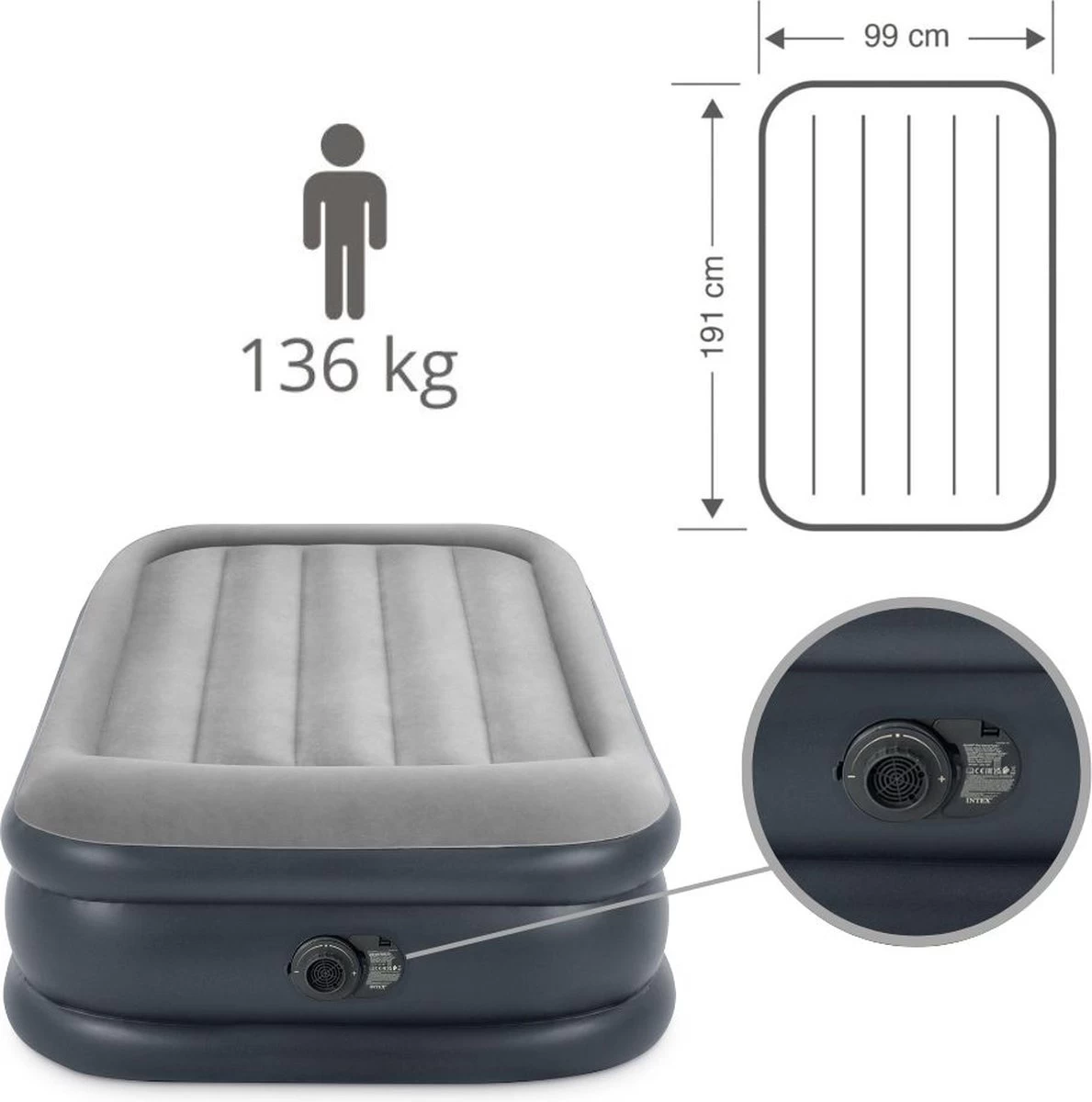 Intex Luchtbed - 1-Persoons - 99 X 191 X 42 Cm - Grijs - Met Pomp, Hoeslaken Antraciet En Reparatieset 2 Intex Luchtbed - 1-Persoons - 99 X 191 X 42 Cm - Grijs - Met Pomp, Hoeslaken Antraciet En Reparatieset - Afbeelding 2