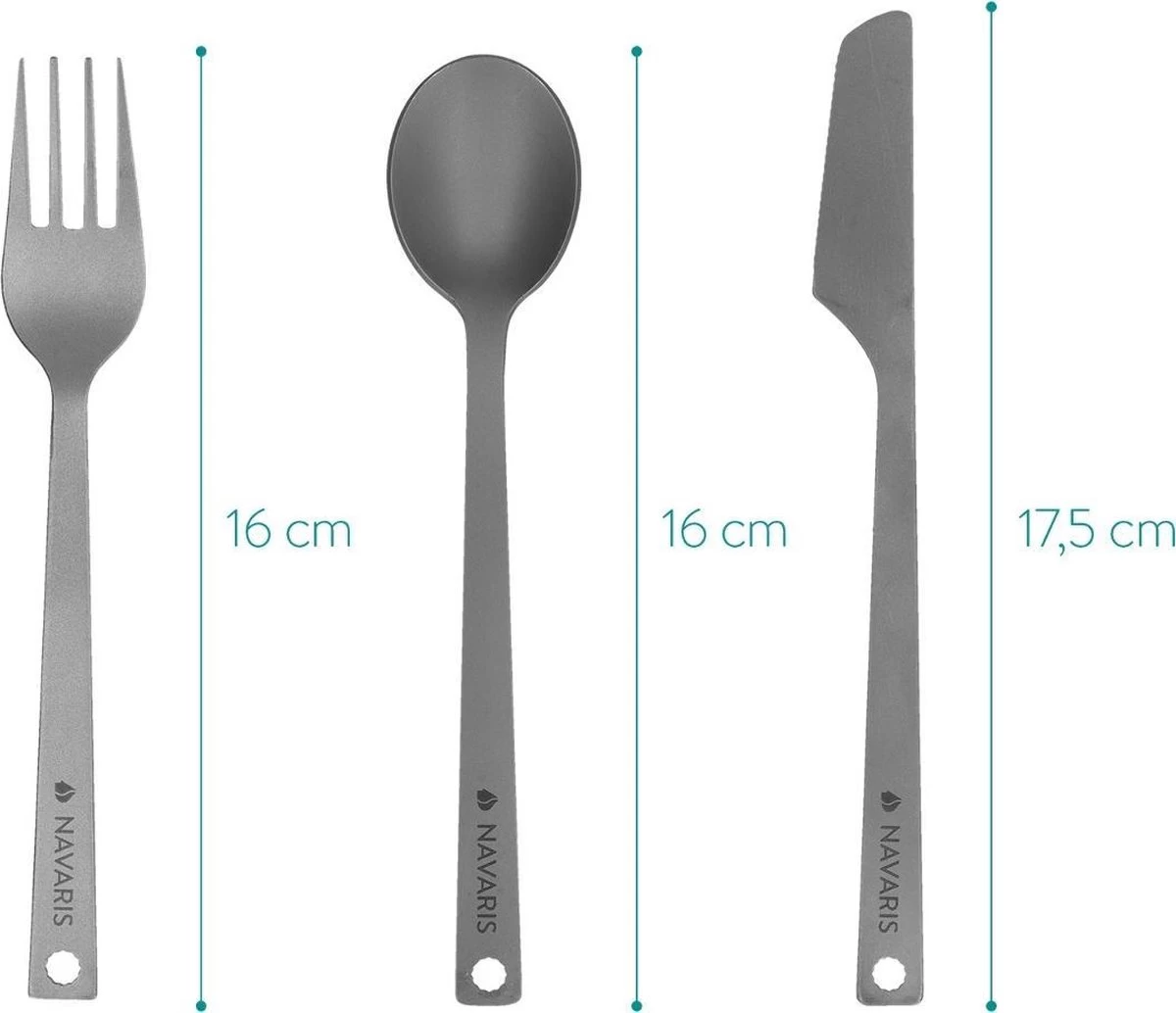 Navaris Campingbestek Van Titanium - Set Met Vork, Mes En Lepel - Bestekset Voor Onderweg En Op Reis - Inclusief Karabijnhaak En Bewaarzakje 4 Navaris Campingbestek Van Titanium - Set Met Vork, Mes En Lepel - Bestekset Voor Onderweg En Op Reis - Inclusief Karabijnhaak En Bewaarzakje - Afbeelding 4