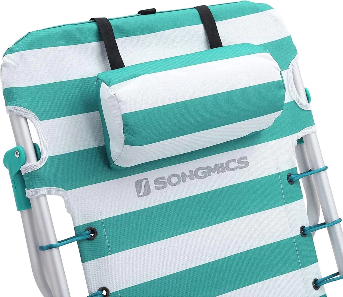 Strandstoel Met Afneembare Hoofdsteun, Draagbare Klapstoel, Campingstoel, Rugleuning Tot 180° Verstelbaar, Met Bekerhouder En Zijvak, Groene En Witte Strepen GCB62JW 6 Strandstoel Met Afneembare Hoofdsteun, Draagbare Klapstoel, Campingstoel, Rugleuning Tot 180° Verstelbaar, Met Bekerhouder En Zijvak, Groene En Witte Strepen GCB62JW - Afbeelding 6