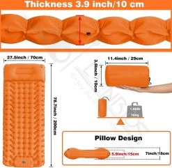 LVNRIDS Isomat, Zelfopblazend, Ultralicht, Luchtmatras, Camping, Zelfopblaasbaar, Opblaasbaar Matras, 3,9 Inch Dik, Met Voetperspomp En Kussen, Voor Camping, Reizen, Outdoor, Wandelen, Strand, Oranje -Campingwinkel 1200x1171 9