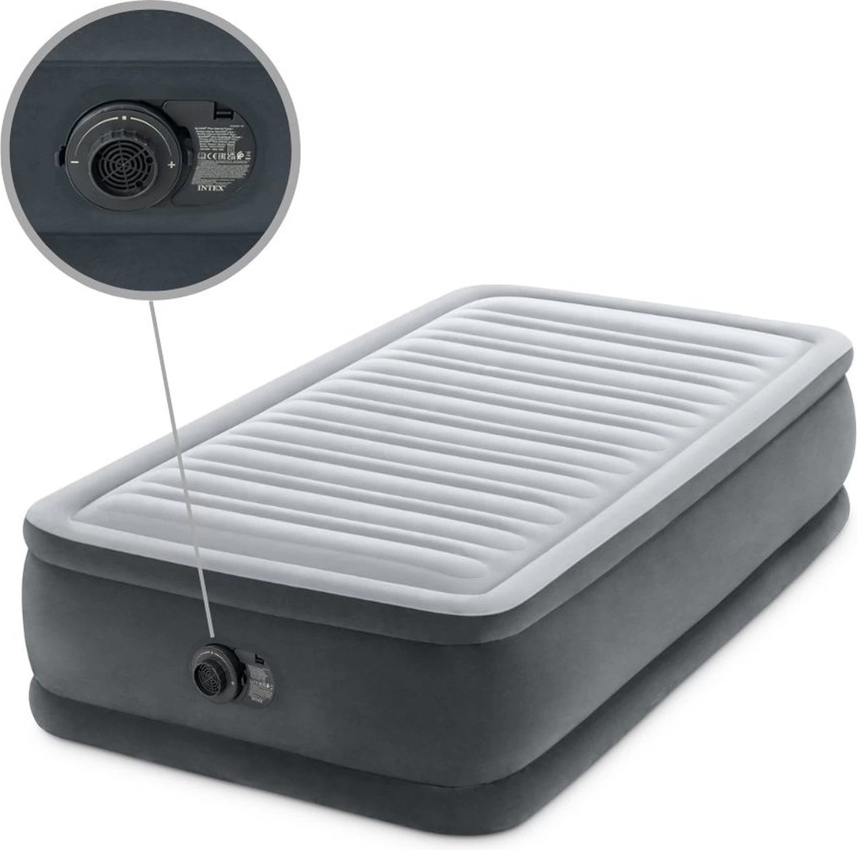 Intex Luchtbed - 1-Persoons - 99 X 191 X 46 Cm - Grijs - Met Ingebouwde Pomp, Hoeslaken Antraciet En Reparatieset 4 Intex Luchtbed - 1-Persoons - 99 X 191 X 46 Cm - Grijs - Met Ingebouwde Pomp, Hoeslaken Antraciet En Reparatieset - Afbeelding 4