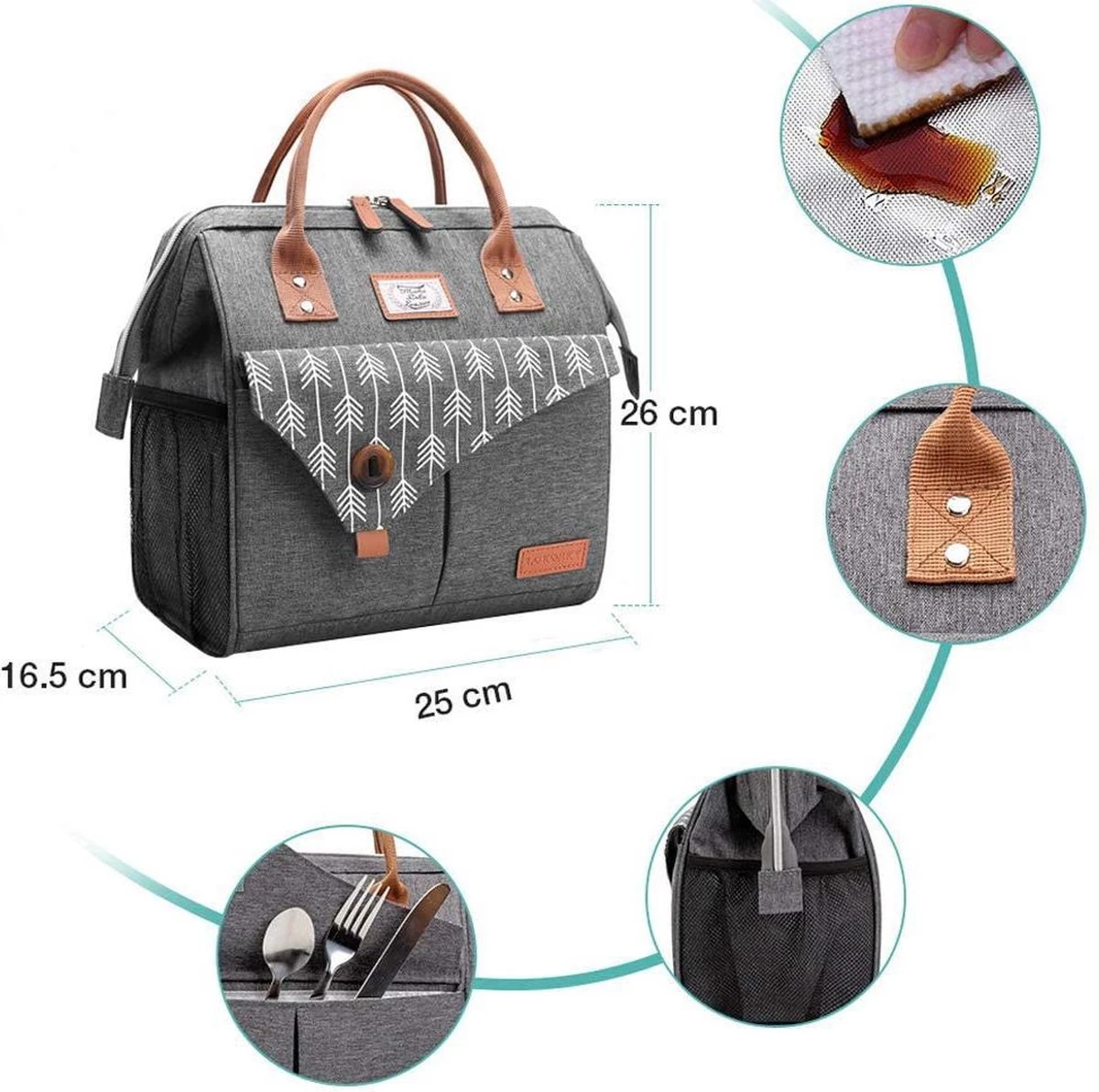 HN® Lunchtas Grijs Pijlen, Geïsoleerde Koeltas, Lekvrij, Extra Grote Opening Voor De Lunch Box, 25×16,5×26cm Design Heren En Dames 2 HN® Lunchtas Grijs Pijlen, Geïsoleerde Koeltas, Lekvrij, Extra Grote Opening Voor De Lunch Box, 25×16,5×26cm Design Heren En Dames - Afbeelding 2