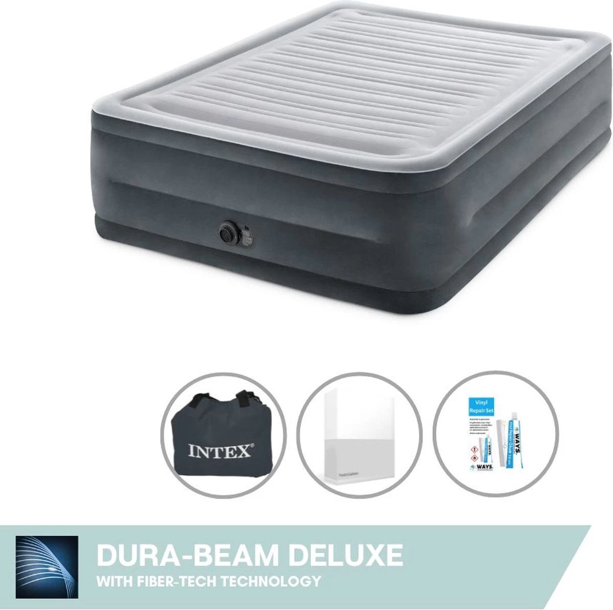 Intex Luchtbed - 2-Persoons - 152 X 203 X 33 Cm - Grijs - Met Ingebouwde Pomp, Hoeslaken Wit En Reparatieset 1 Intex Luchtbed - 2-Persoons - 152 X 203 X 33 Cm - Grijs - Met Ingebouwde Pomp, Hoeslaken Wit En Reparatieset