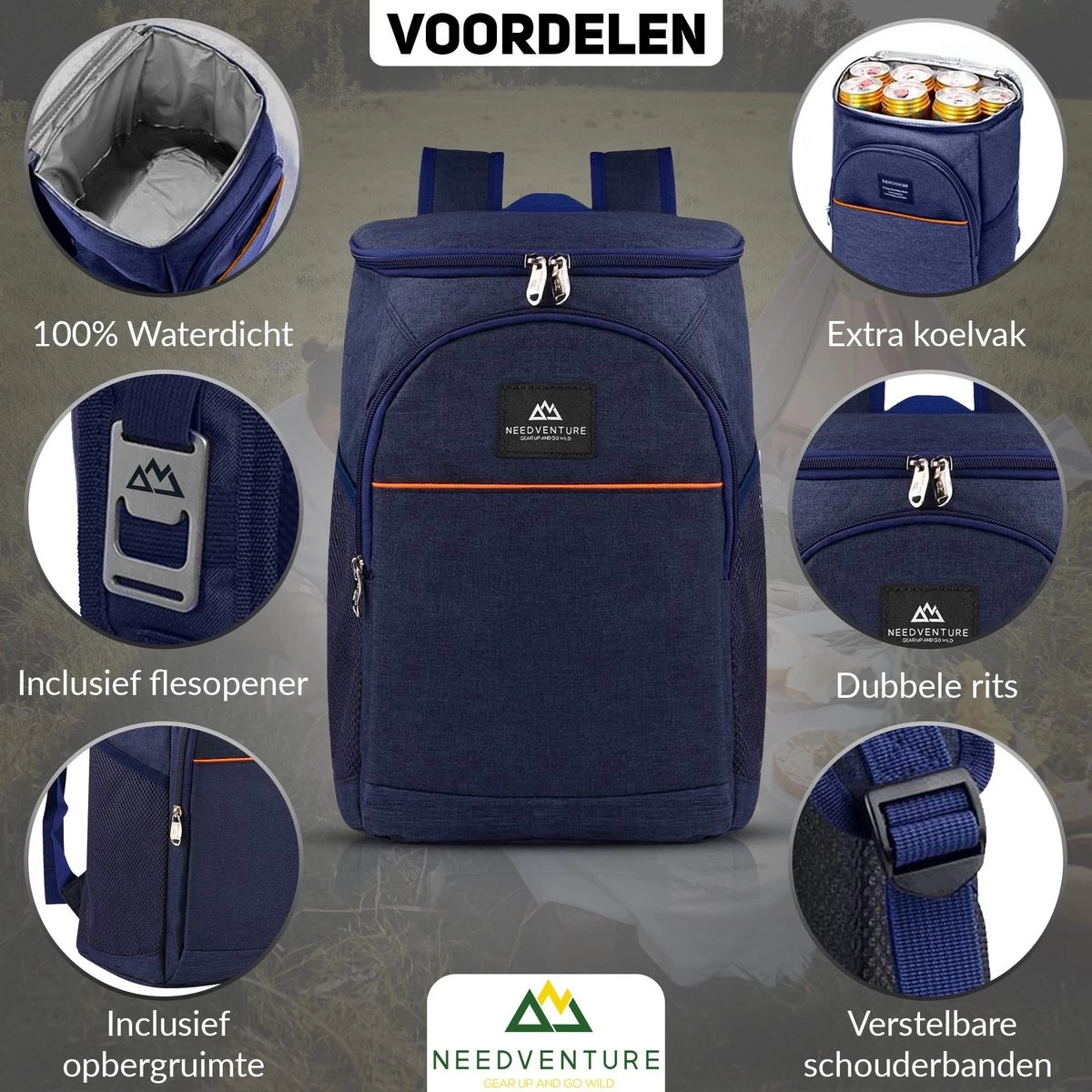 Needventure Koeltas - Lunchtas - Koelrugtas - Picknicktas - 20 Liter - Flessenhouder - Bieropener - Blauw 5 Needventure Koeltas - Lunchtas - Koelrugtas - Picknicktas - 20 Liter - Flessenhouder - Bieropener - Blauw - Afbeelding 5
