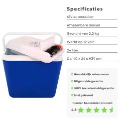 Cheqo® Elektrische Koelbox Voor Auto - 12V - 24L - Blauw - Autostekker - Afneembaar Deksel & Handvat - 2.2kg - 40x24x39cm -Campingwinkel 1200x1200 1386