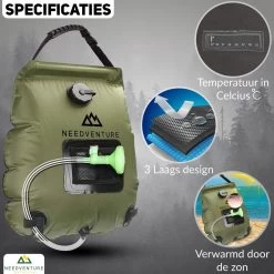 Needventure Solar Douche - Camping Douchezak - Buiten Douche - Tuindouche - Inclusief Thermometer - Waterzak Met Douchekop - 20L - Groen -Campingwinkel 1200x1200 2102