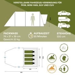 Skandika Pitea XL UP Tent – Koepeltenten - Autotent – 4 Persoons Campingtent Voor SUV, Caddy, Auto, CUV – Vrijstaand – Met/zonder Slaapcabine – Max. Stahoogte 200 Cm – Waterdicht Met 3000mm Waterkolom - 515 X 300 X 200 Cm (LxBxH) – Kamperen - Grijs -Campingwinkel 1200x1200 217