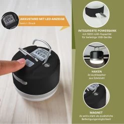 Skandika Campinglamp Tarfala – Tentlampen – Campinglampen – Kampeerlamp – Tentlamp Oplaadbaar, Traploos Dimbaar, Ophanghaak, USB Aansluiting – 3600 MAh Powerbank – Warm Wit, Koel Wit, 110 H Batterij – Tentlamp Buiten – Energieklasse A ++ - Zwart -Campingwinkel 1200x1200 2207