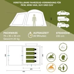 Skandika Pitea XL CROSS Tent – Koepeltenten - Autotent – Campingtent Voor SUV, Caddy, Auto, CUV - Voor Max. 4 Personen – Vrijstaand – Met/zonder Slaapcabine – Max. Stahoogte 230 Cm – 3000mm Waterkolom - 475 X 290 X 230 Cm (LxBxH) – Kamperen - Grijs -Campingwinkel 1200x1200 41