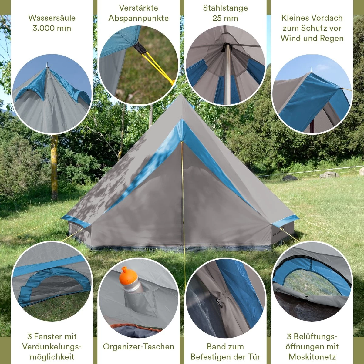 Skandika Tipii II Tent – Tipi-tenten – Teepee – 8 Persoons Campingtent – Muggengaas – 250 Cm Stahoogte – Uitneembare Tentvloer – 3000 Mm Waterkolom – Indische Tent, Partytent, Festivaltent – Outdoor, Camping, Tuin – Kamperen – Grijs/turquoise 2 Skandika Tipii II Tent – Tipi-tenten – Teepee – 8 Persoons Campingtent – Muggengaas – 250 Cm Stahoogte – Uitneembare Tentvloer – 3000 Mm Waterkolom – Indische Tent, Partytent, Festivaltent – Outdoor, Camping, Tuin – Kamperen – Grijs/turquoise - Afbeelding 2