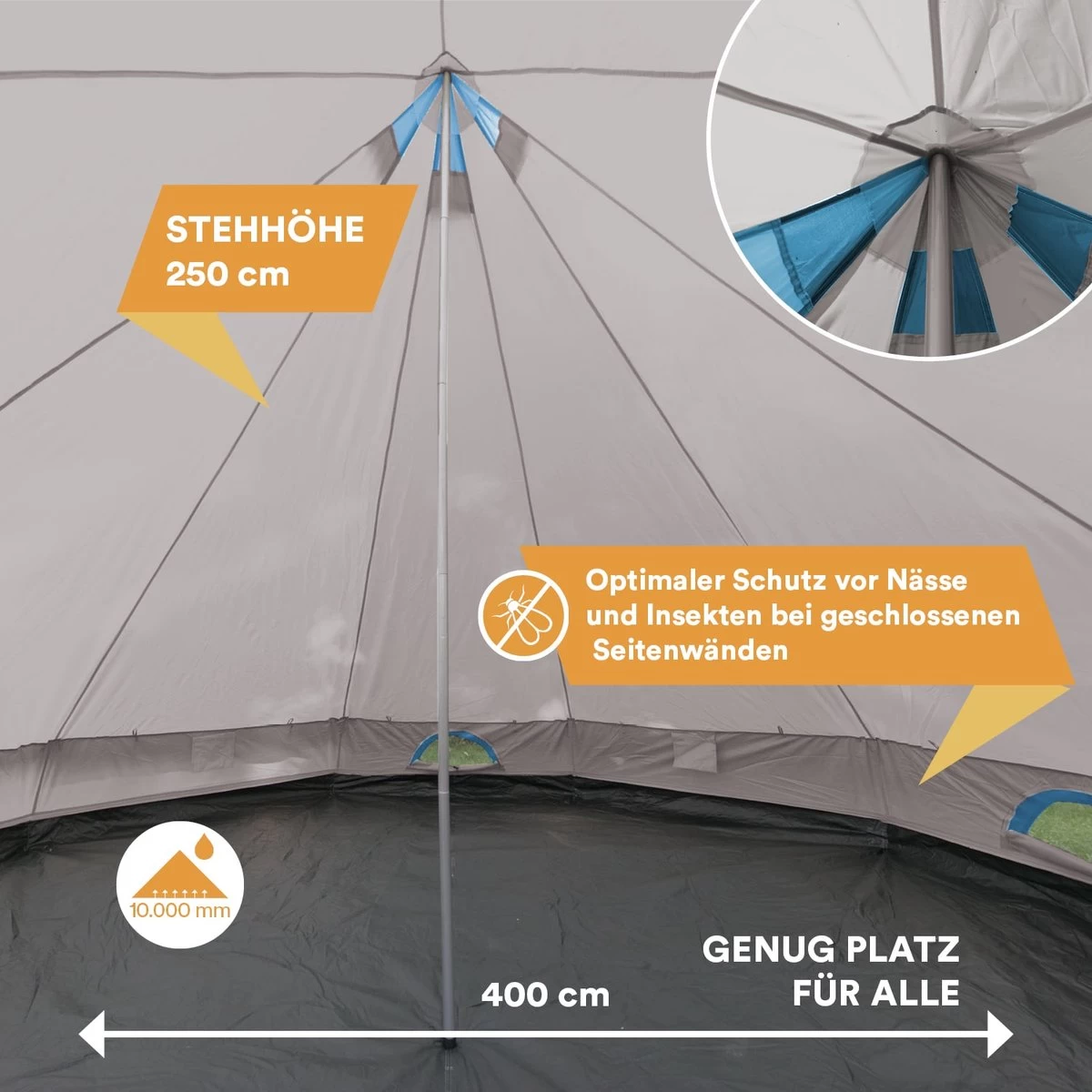 Skandika Tipii II Tent – Tipi-tenten – Teepee – 8 Persoons Campingtent – Muggengaas – 250 Cm Stahoogte – Uitneembare Tentvloer – 3000 Mm Waterkolom – Indische Tent, Partytent, Festivaltent – Outdoor, Camping, Tuin – Kamperen – Grijs/turquoise 5 Skandika Tipii II Tent – Tipi-tenten – Teepee – 8 Persoons Campingtent – Muggengaas – 250 Cm Stahoogte – Uitneembare Tentvloer – 3000 Mm Waterkolom – Indische Tent, Partytent, Festivaltent – Outdoor, Camping, Tuin – Kamperen – Grijs/turquoise - Afbeelding 5