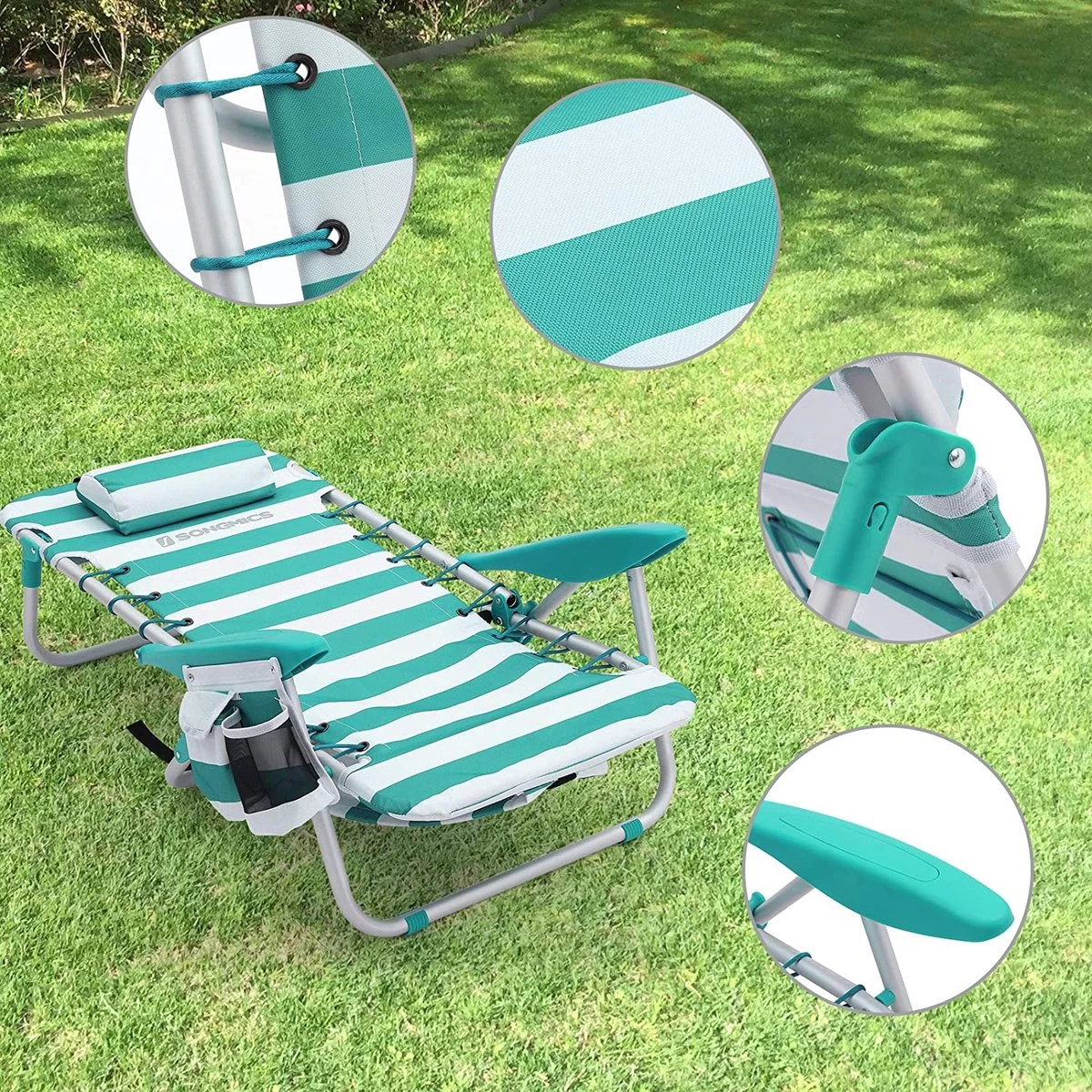 Strandstoel Met Afneembare Hoofdsteun, Draagbare Klapstoel, Campingstoel, Rugleuning Tot 180° Verstelbaar, Met Bekerhouder En Zijvak, Groene En Witte Strepen GCB62JW 2 Strandstoel Met Afneembare Hoofdsteun, Draagbare Klapstoel, Campingstoel, Rugleuning Tot 180° Verstelbaar, Met Bekerhouder En Zijvak, Groene En Witte Strepen GCB62JW - Afbeelding 2