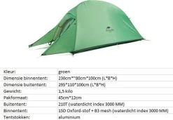 Cloud Up 1 Upgraded - Naturehike® - 1 Persoons Tent - Lichtgewicht Tent - Incl. Grondzeil - 210T 3000mm - Outdoor - Waterdicht - Hiking & Wandelen -Campingwinkel 1200x830