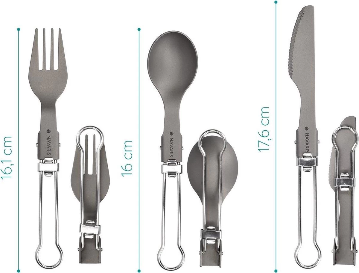 Navaris Campingbestek Van Titanium - Set Met Vork, Mes En Lepel - Inklapbaar - Bestekset Voor Onderweg - Inclusief Karabijnhaak En Bewaarzakje 4 Navaris Campingbestek Van Titanium - Set Met Vork, Mes En Lepel - Inklapbaar - Bestekset Voor Onderweg - Inclusief Karabijnhaak En Bewaarzakje - Afbeelding 4