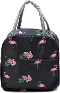 Koeltas - Lunchtas - Volwassenen En Kinderen - Compact & Handig: Zomer - Picknick -School - Lunch - Werk - Zwart Flamingo